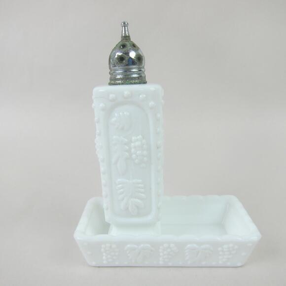 Vintage Milk Glass Salt Shaker and Tray White Grapes and Leaves Napco Japan RARE - Picture 1 of 15